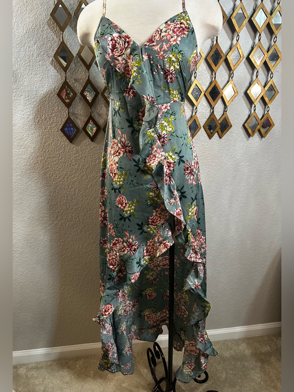 NWT REVOLVE Sage Green Slip Dress with Pink Floral Print